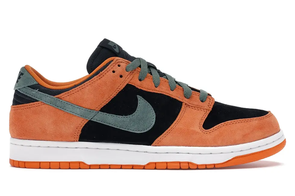 Orange and black Nike Dunk Low sneaker, grey swoosh, white sole.