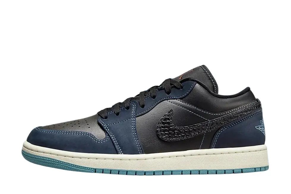 Nike Air Jordan low sneaker in dark blue, black, with textured swoosh.