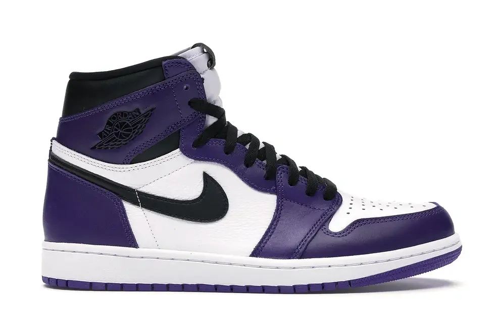 High-top white and purple leather sneaker with black Nike swoosh.