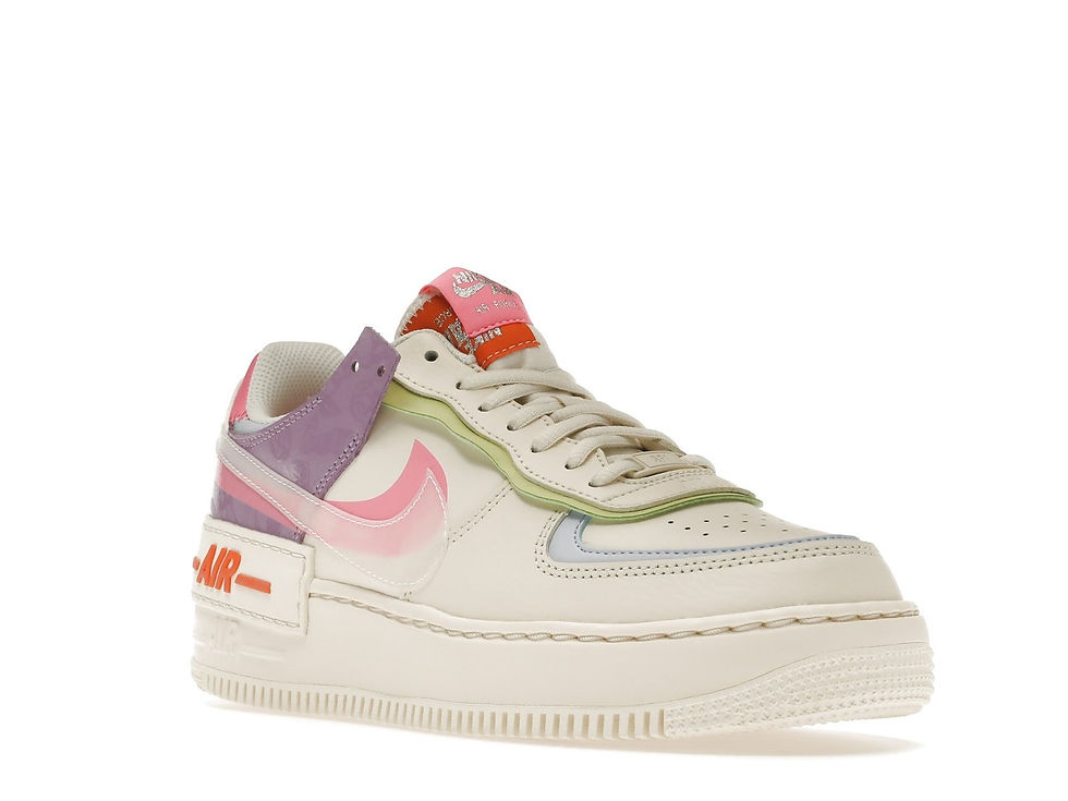 Nike Air Force 1 Shadow sneaker with 'AIR' logo, cream, pastel accents.