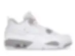 White Nike Air Jordan 4 sneaker with grey speckled sole and red logo.