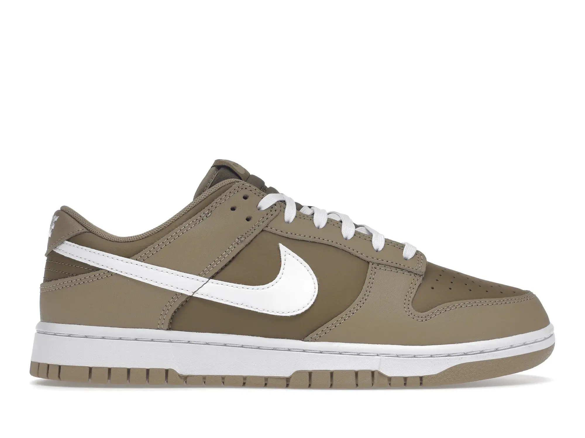Nike Dunk Low sneaker in olive green with white swoosh and laces.