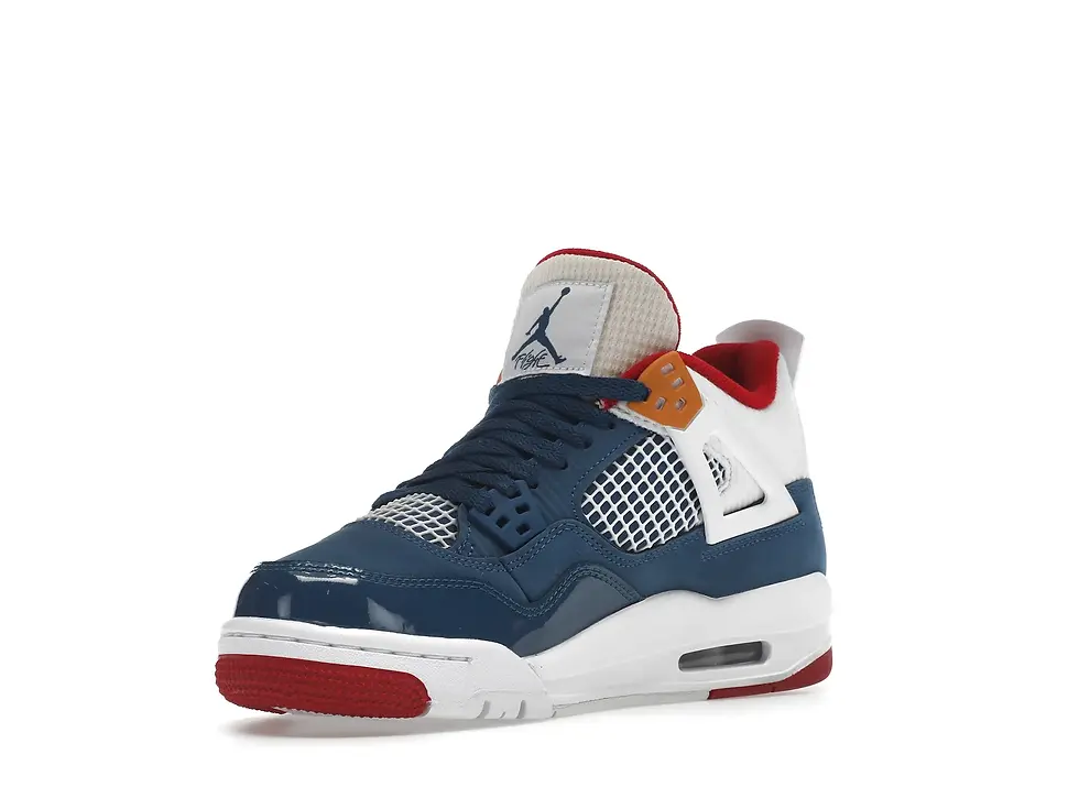 Thumbnail: Nike Air Jordan 4 sneaker in navy, white, red, and orange.