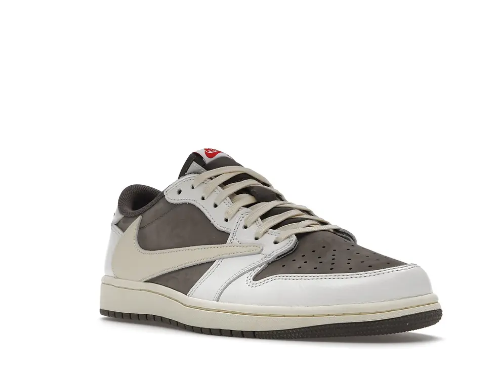 Brown and off-white Nike Air Jordan 1 Low sneaker.