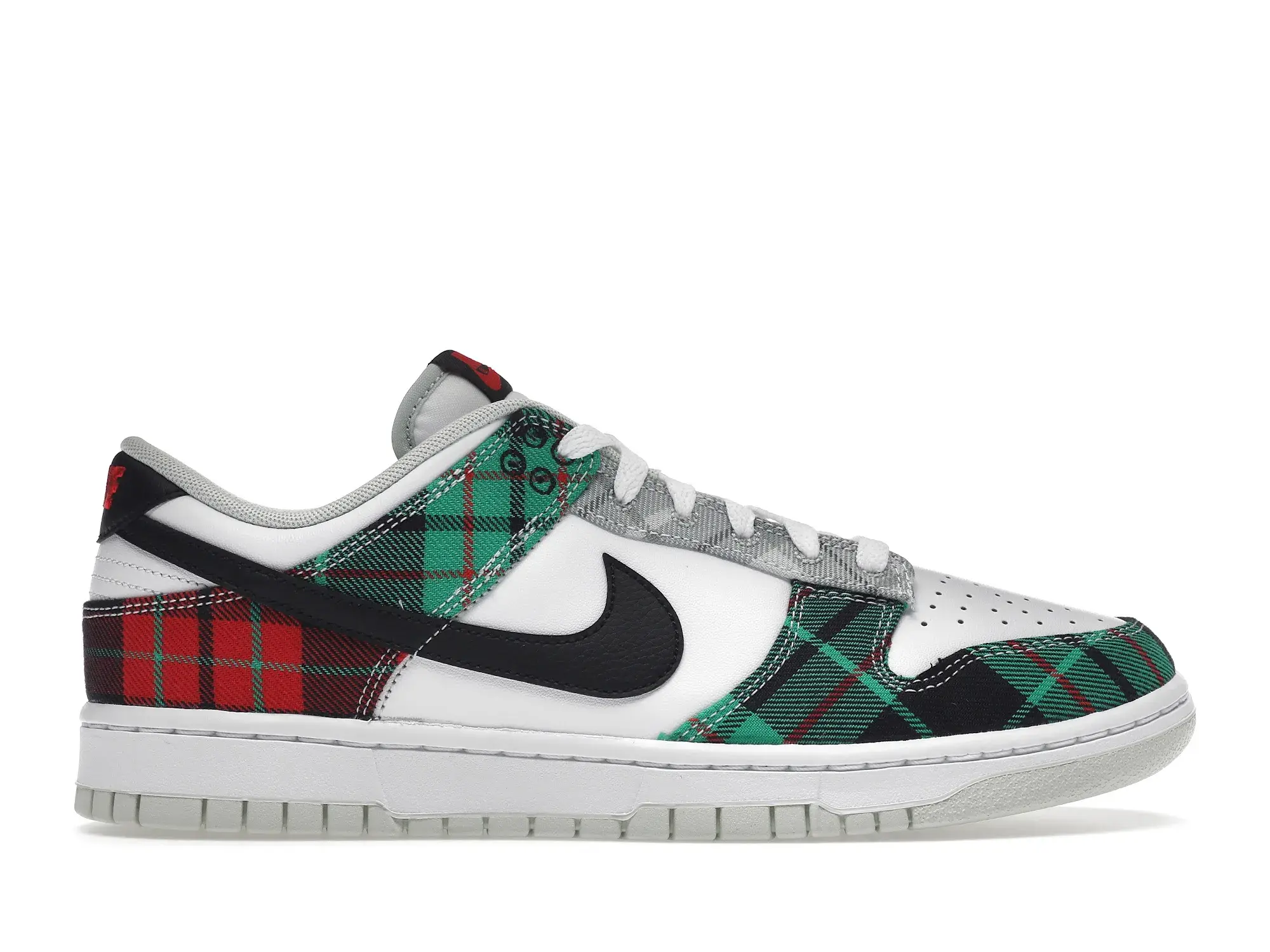 Nike Dunk Low sneaker with red and green plaid pattern design.