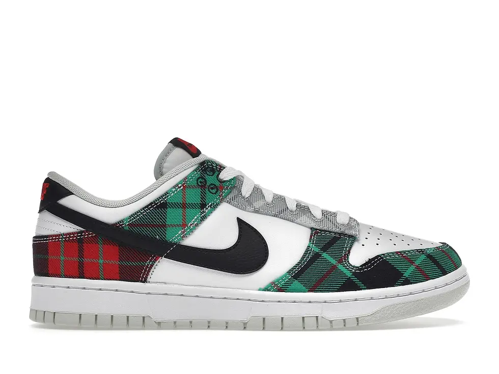 Nike Dunk Low sneaker with red and green plaid pattern design.