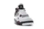 Jordan 4 Retro sneaker, white, black, maroon with Jumpman logo.