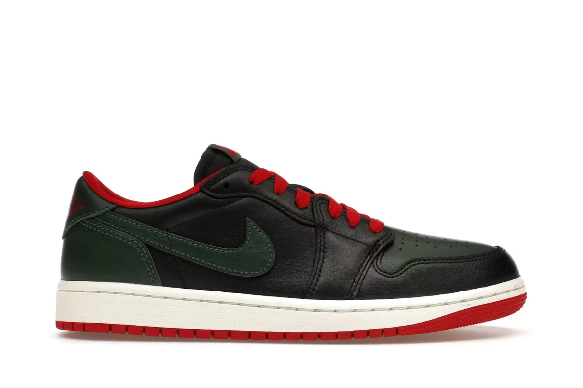 Black and dark green Air Jordan 1 Low with red laces.