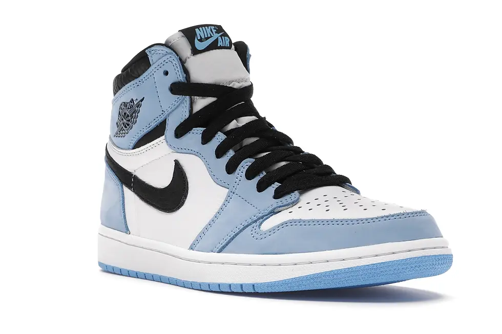 Air Jordan 1 High sneaker, "NIKE AIR" tongue, light blue, white.