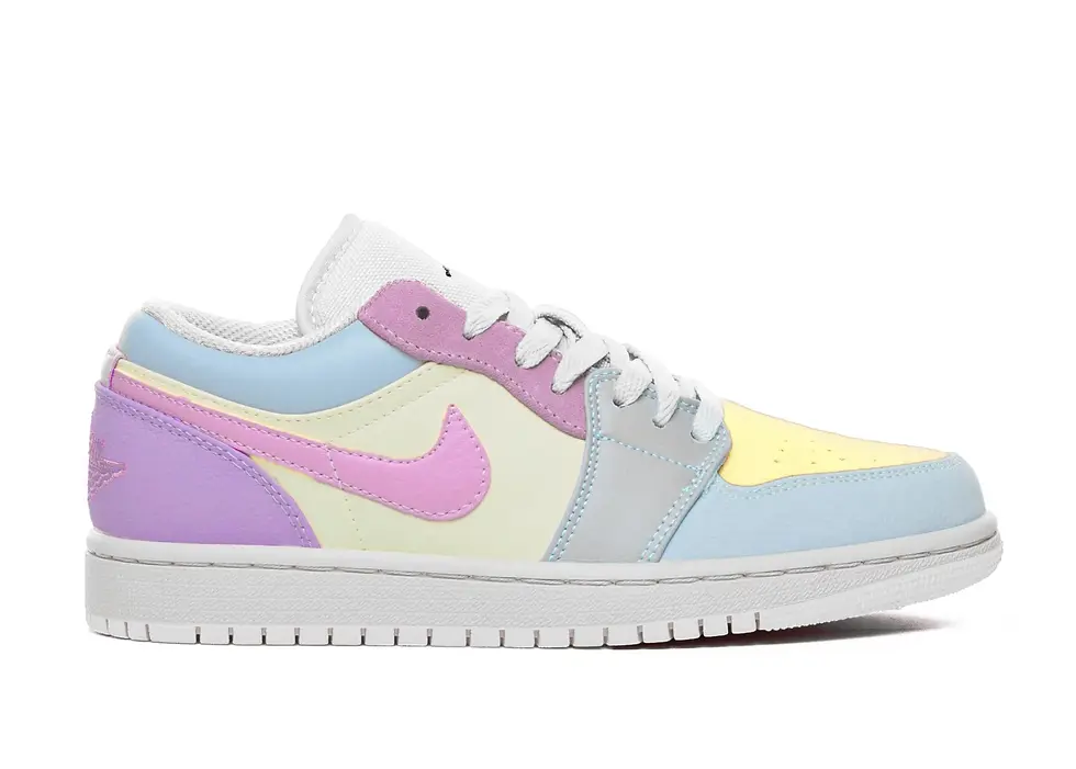 Low-top Jordan 1 sneaker featuring pastel blue, yellow, lavender, pink panels.