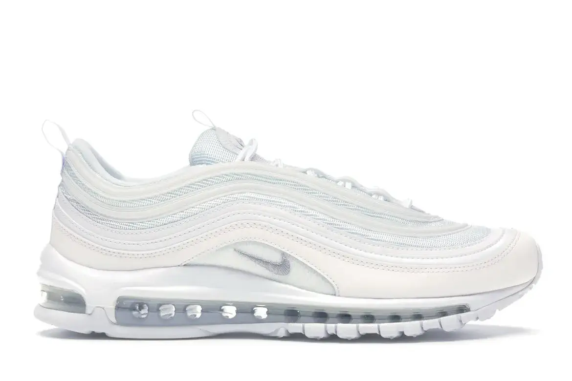 White Nike Air Max 97 sneaker with visible air unit, side view.