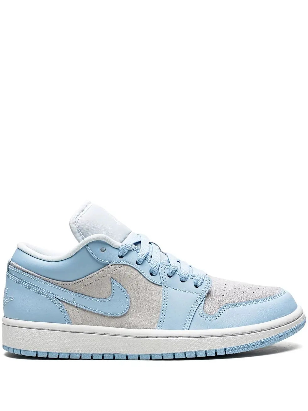 Light blue and grey Nike Air Jordan 1 Low sneaker, side view.