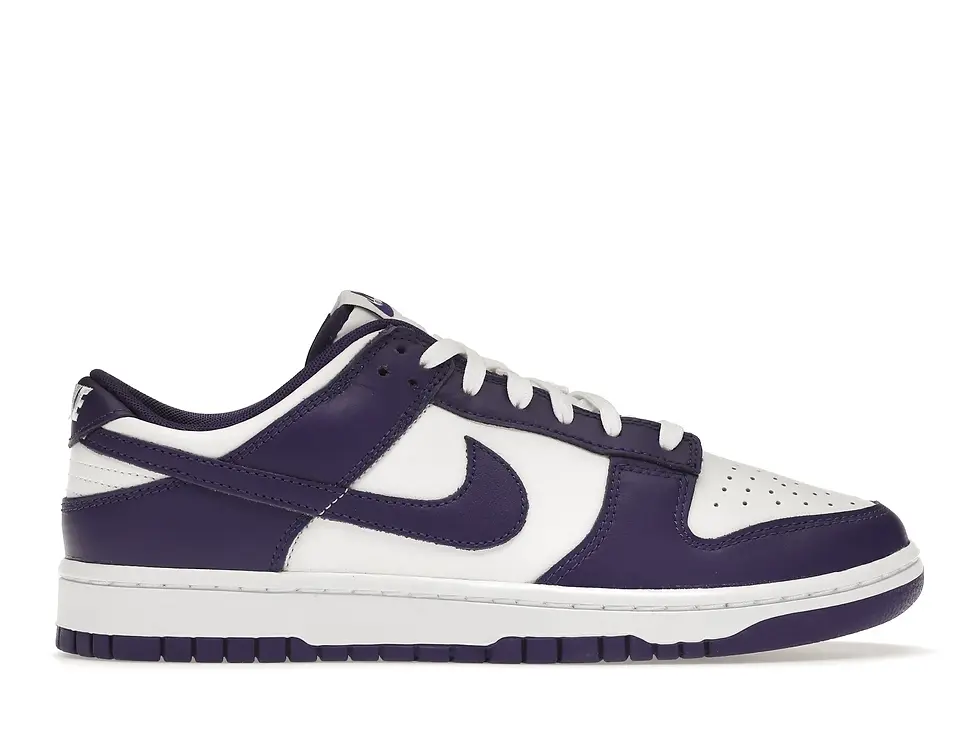 Nike Dunk Low sneaker, dark purple and white, side profile.