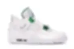 White Air Jordan 4 sneakers with green accents and Jumpman logo.
