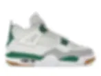 Single Air Jordan 4 sneaker with white, grey, and green colors.