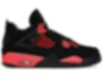 Black and red Air Jordan 4 sneaker, side profile view.