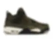 Side view of olive green, black, and white Jordan 4 sneaker.