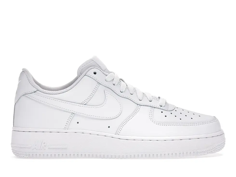 White Nike Air Force 1 low-top sneaker, side view.