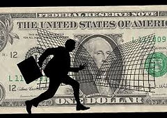 man races with briefcase in front of image of US dollar