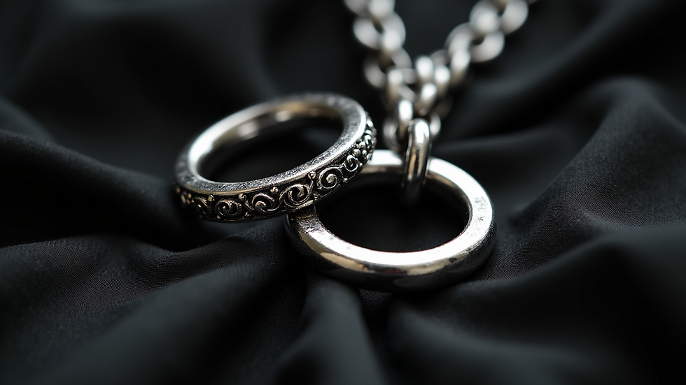 Close-up view of gothic-inspired silver rings and chains on a black fabric