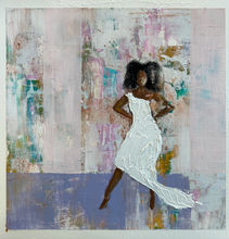 Black Woman in a white dress against an abstract background