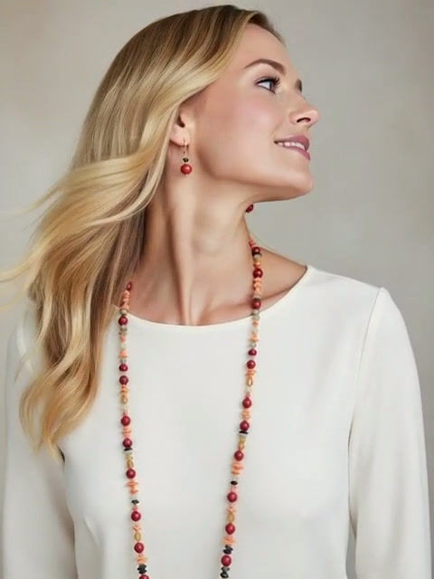 Miniatura: Collar de Coral de profundidad. Jade tono amarillo y ágata. Aretes a juego.
