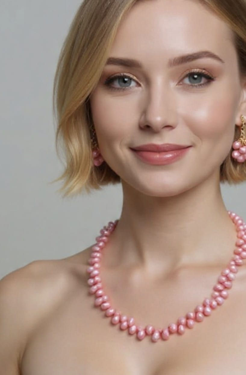 Miniatura: Collar de perla de forma oval tono rosa. A juego con aretes. 