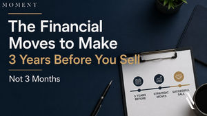 3 Years. Not 3 Months. — Moment Private Wealth exit planning graphic on a cream background with navy text and a gold accent line, promoting a blog post on financial moves to make before selling a business.