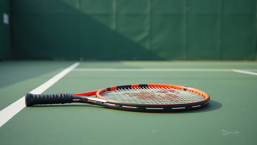 Gros plan sur une raquette de tennis posée sur un court en terre battue