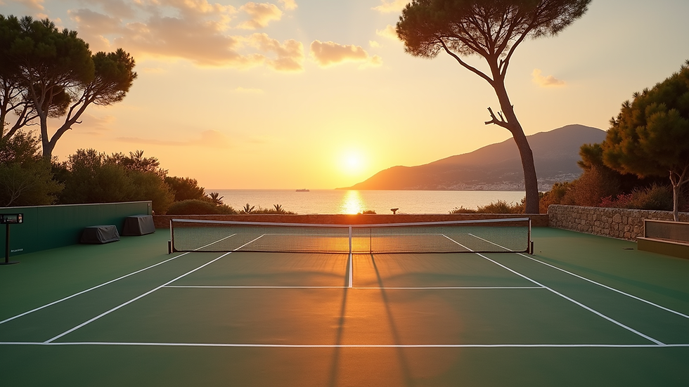 Vue panoramique d’un terrain de tennis à Saint-Tropez au coucher du soleil