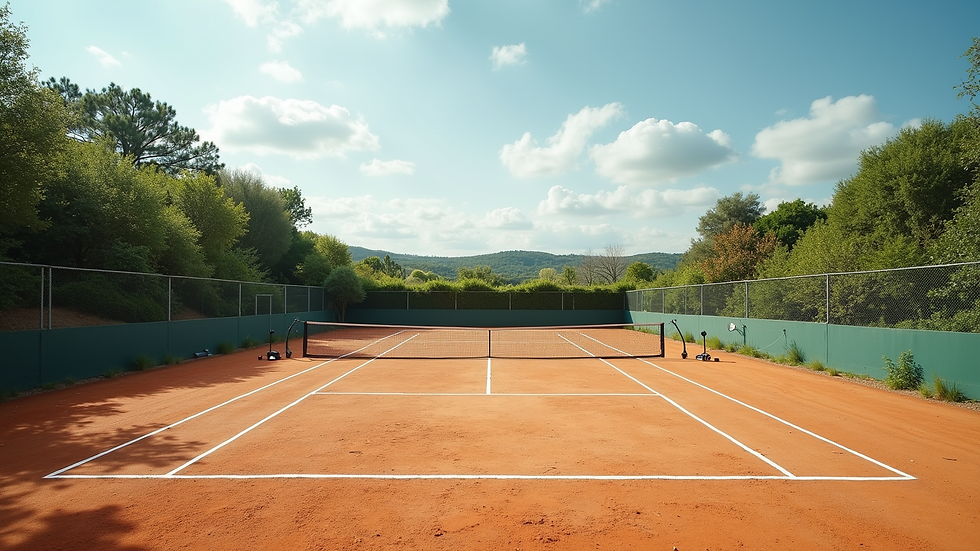 Vue rapprochée d’un court de tennis en terre battue à Grimaud