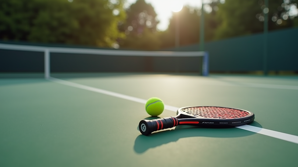 Close-up view of padel racket and ball on the court
