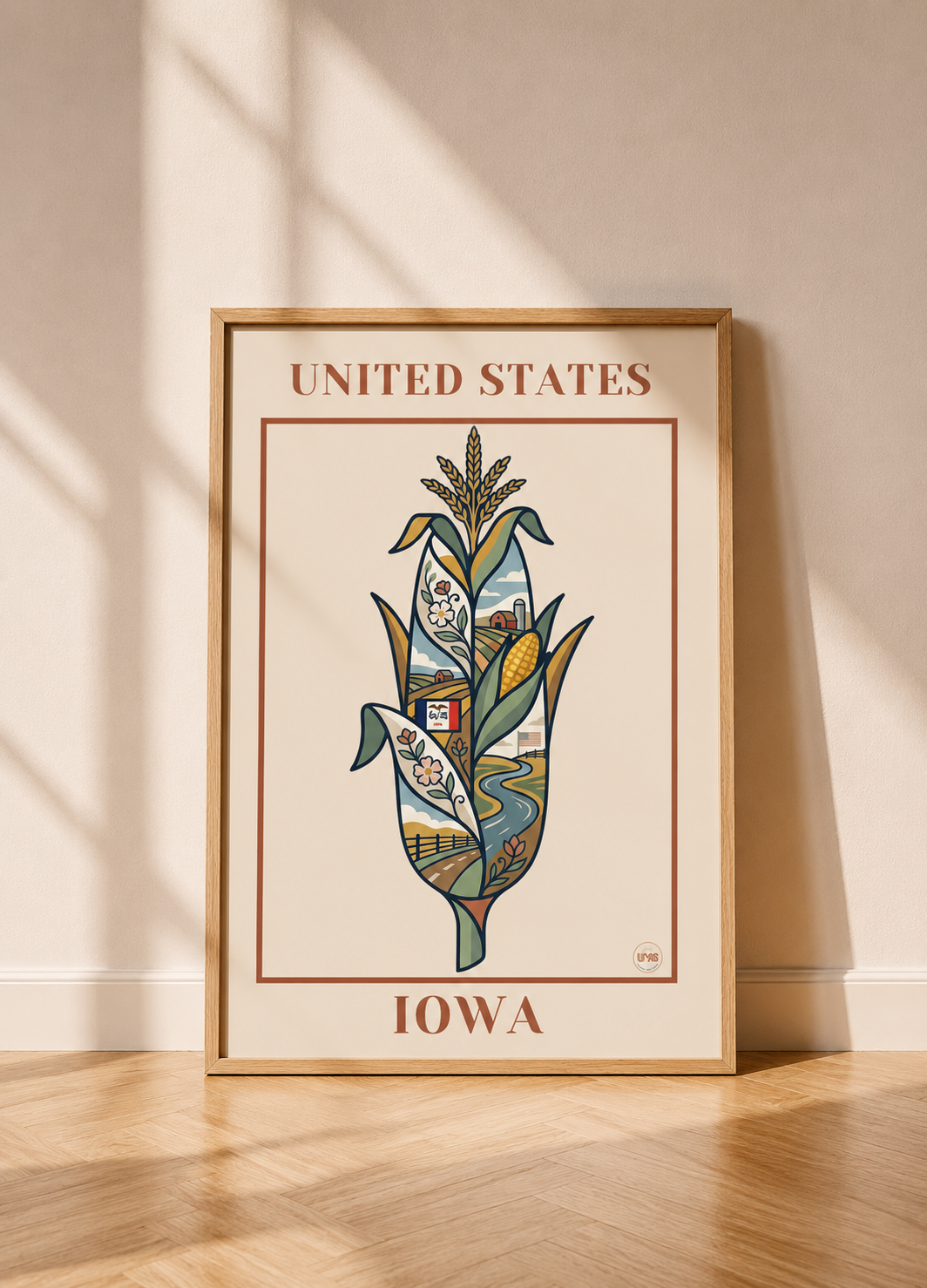 Affiche voyage Iowa avec illustration florale vintage dans un cadre beige