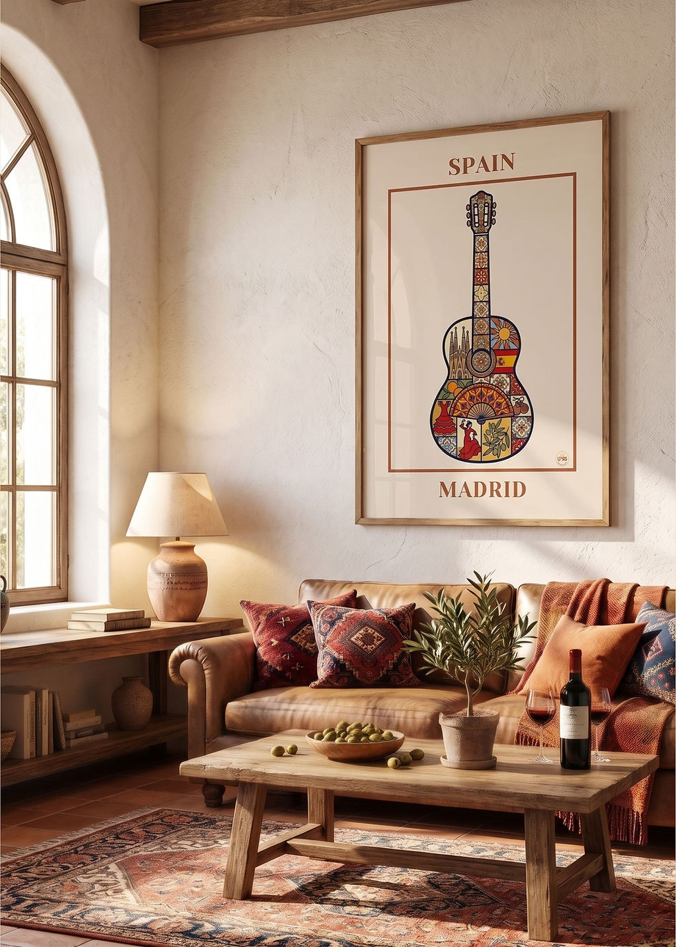Miniature : Affiche SPAIN mise en scène dans un salon chaleureux inspiré du voyage