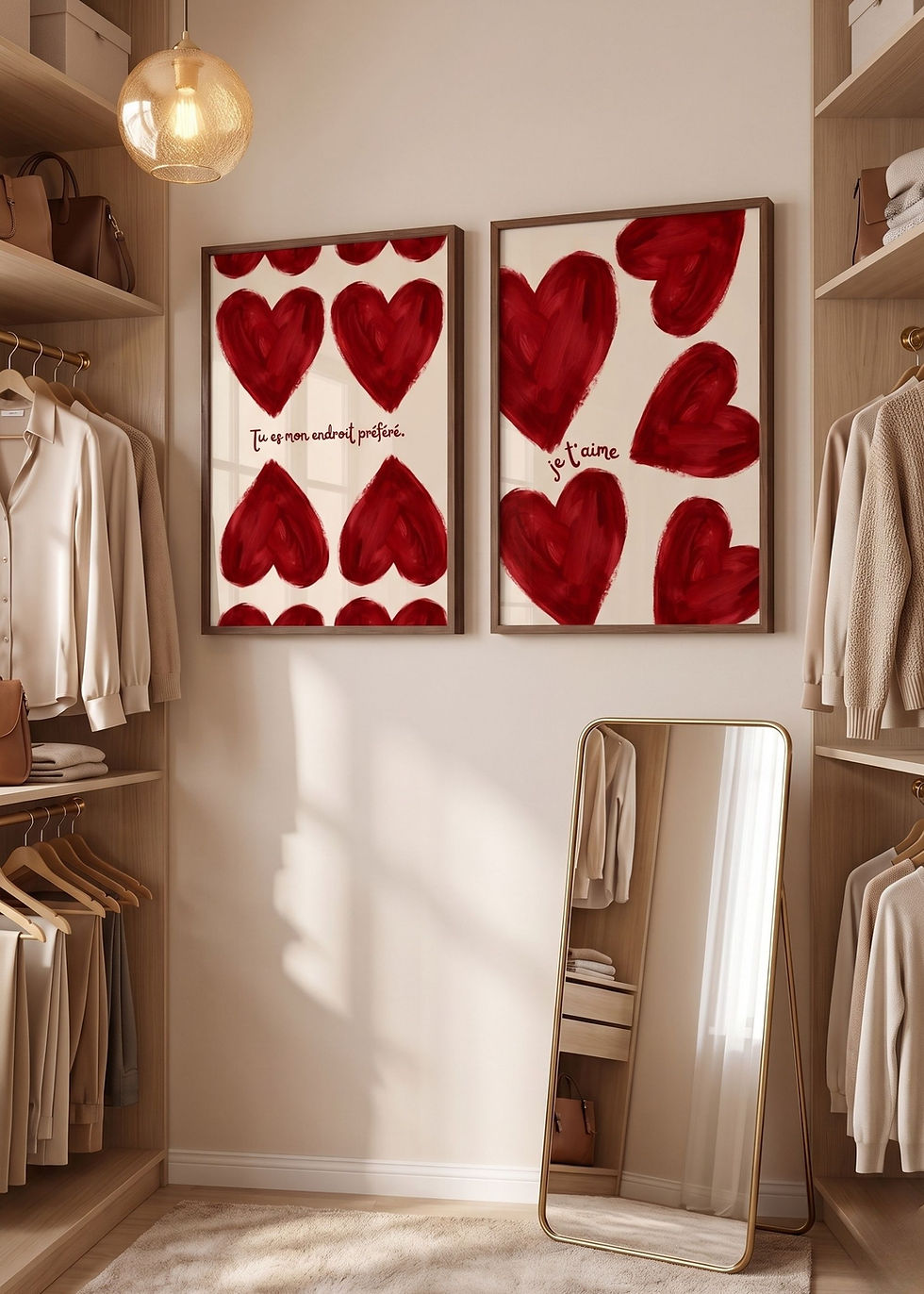 Duo d’affiches romantiques avec cœurs rouges style minimaliste chaleureux