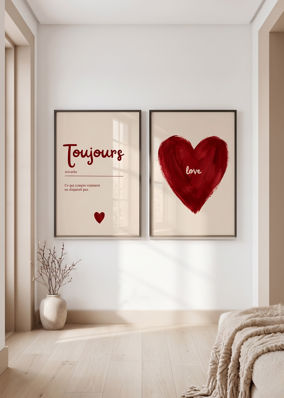 Miniature : Affiches Foyer et Cœur Love dans une décoration murale douce et minimaliste