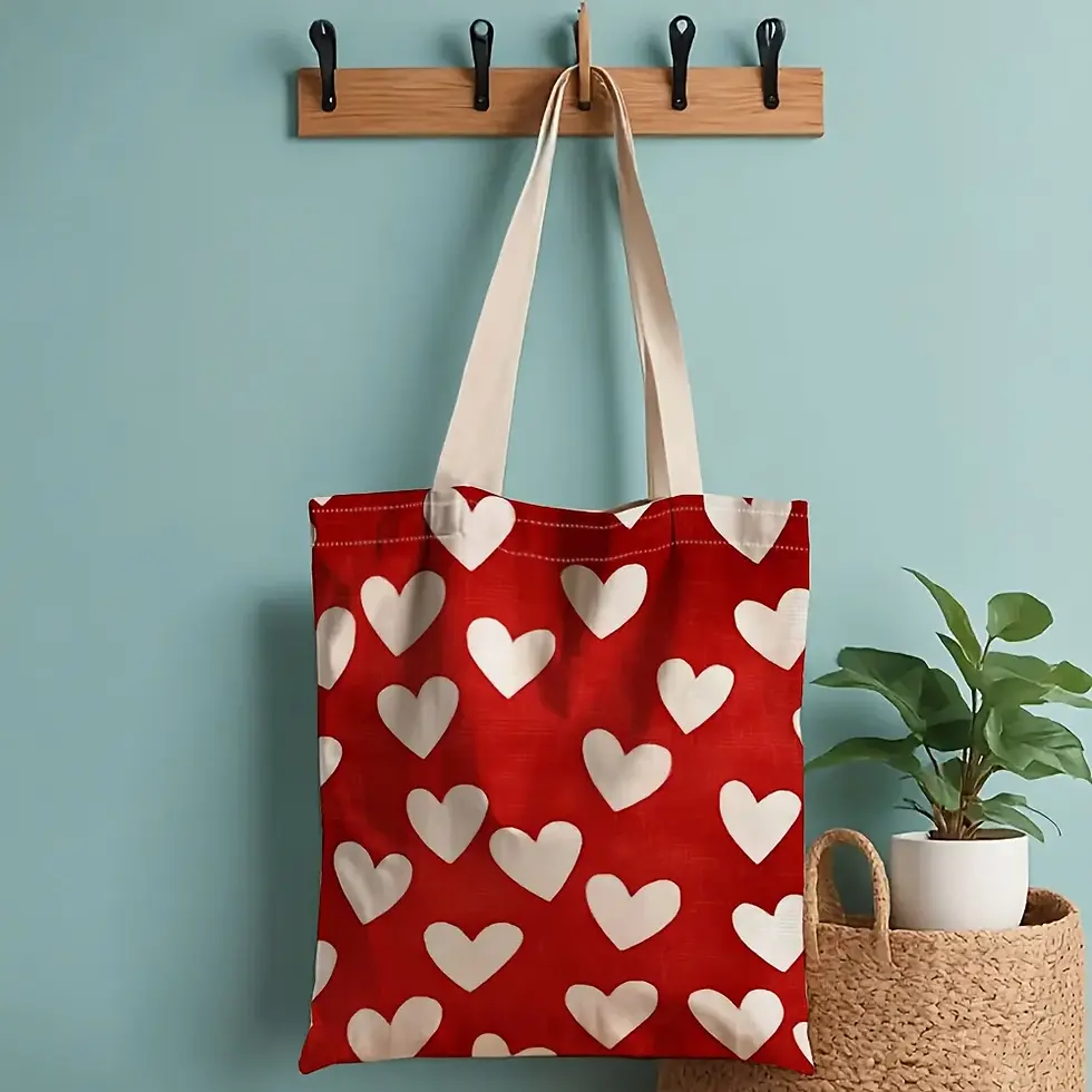 Miniature : Le Sac Cœur de Copenhague rouge à cœurs blancs, tote bag léger suspendu dans une ambiance déco chaleureuse.