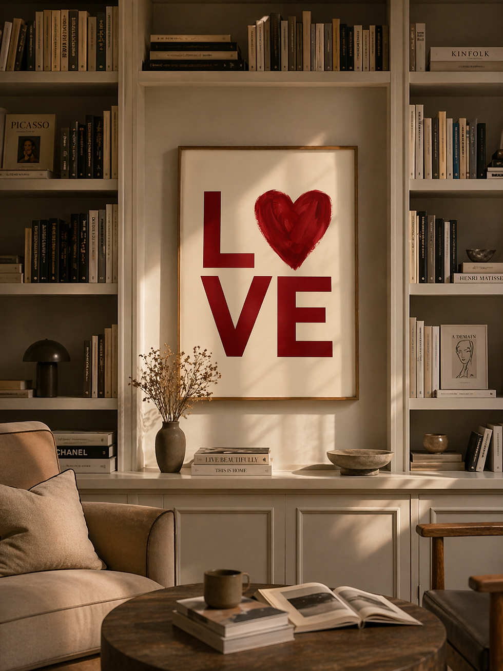 Miniature : Affiche LOVE rouge encadrée dans une bibliothèque chaleureuse avec lumière tamisée