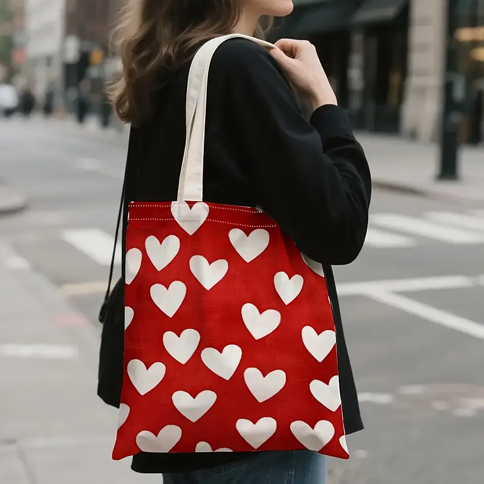 Miniature : Le Sac Cœur de Copenhague porté à l'épaule, tote bag rouge à cœurs blancs idéal pour le quotidien.