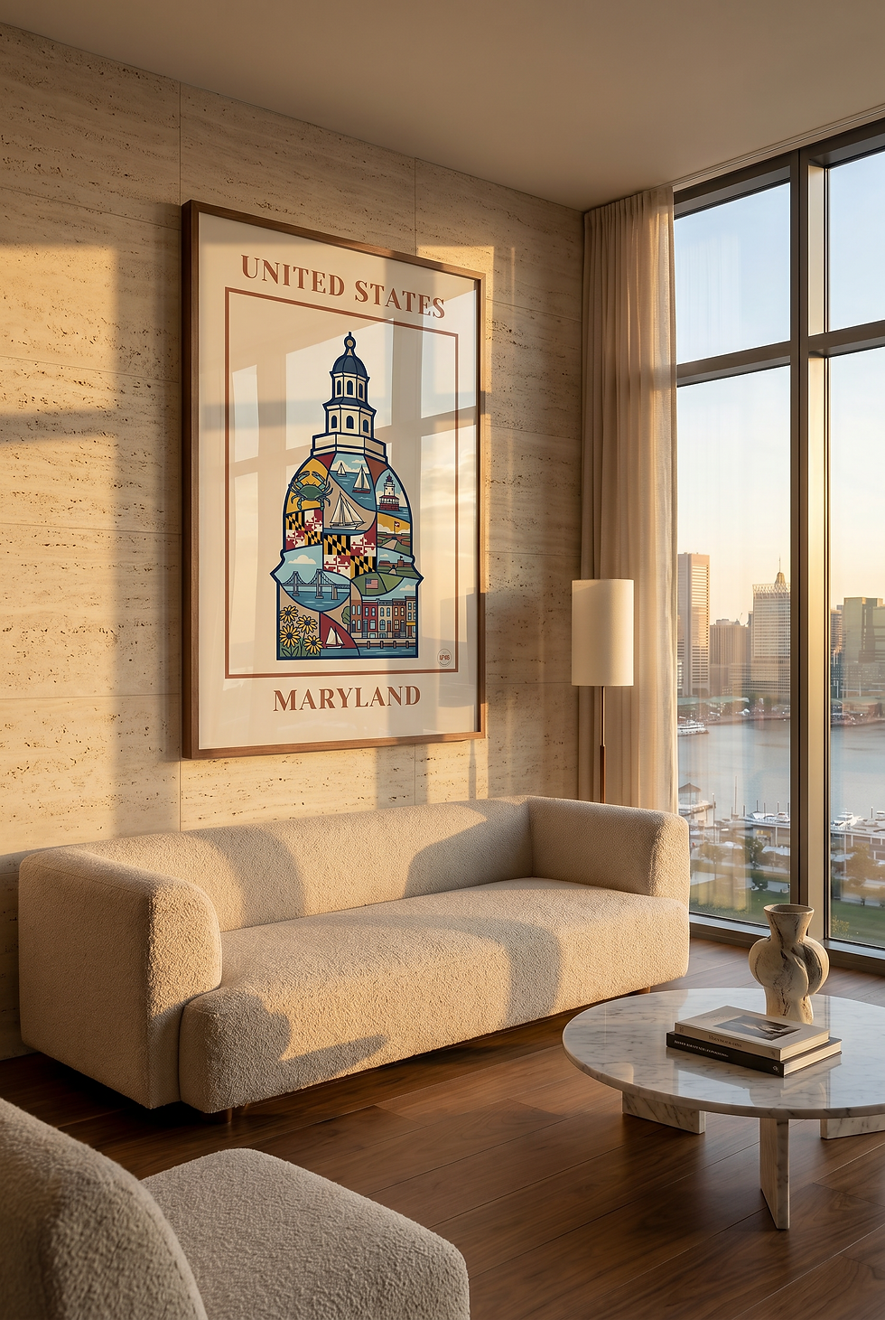 Mockup d’affiche Maryland dans un intérieur moderne chaleureux