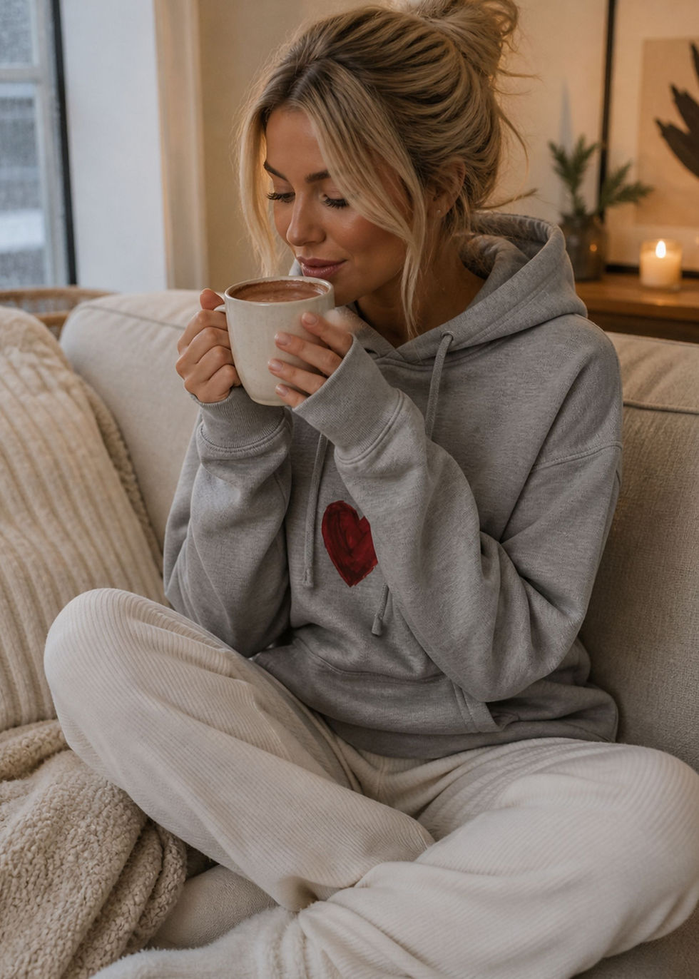 Femme blonde portant le hoodie coeur au chaud sur un canapé avec chocolat chaud
