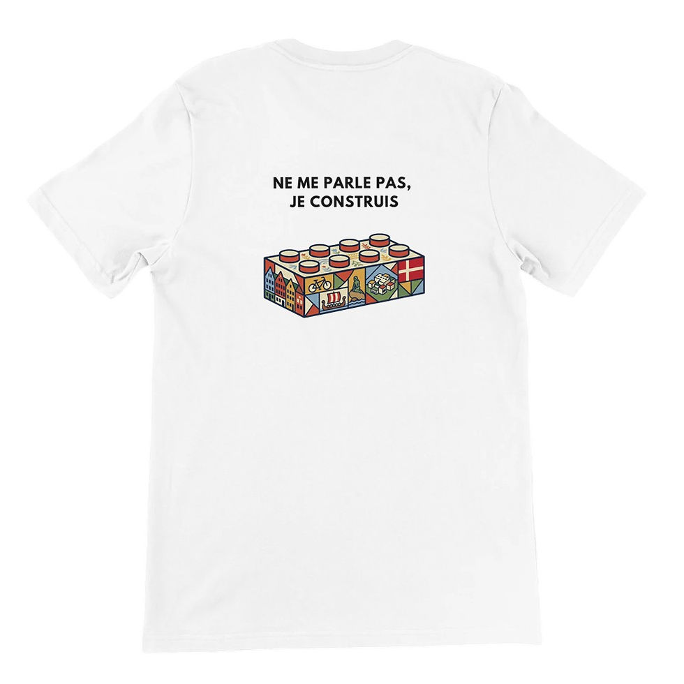 T-shirt blanc Ne me parle pas je construis avec illustration brique colorée au dos