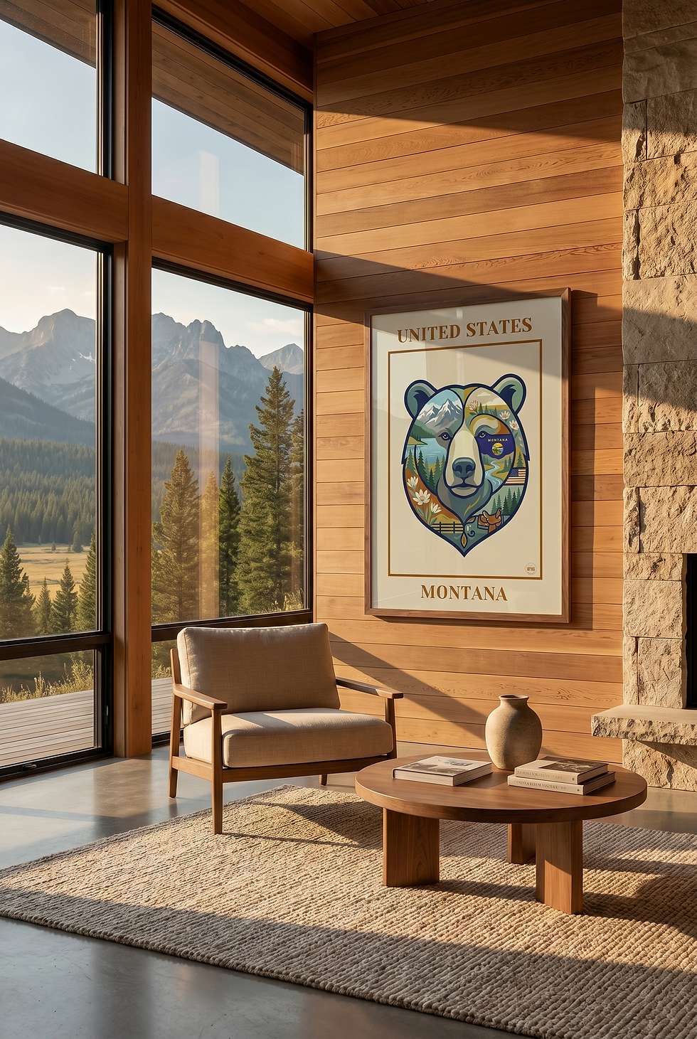Poster Montana vintage dans un salon moderne lumineux