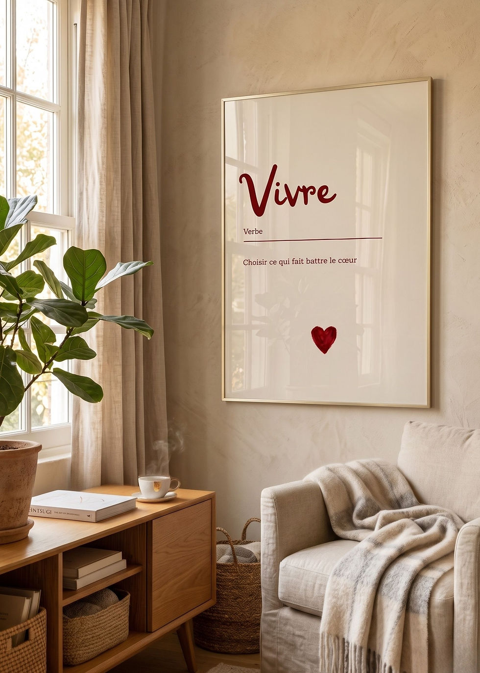 Miniature : Poster “Vivre” avec citation inspirante dans intérieur chaleureux et lumineux