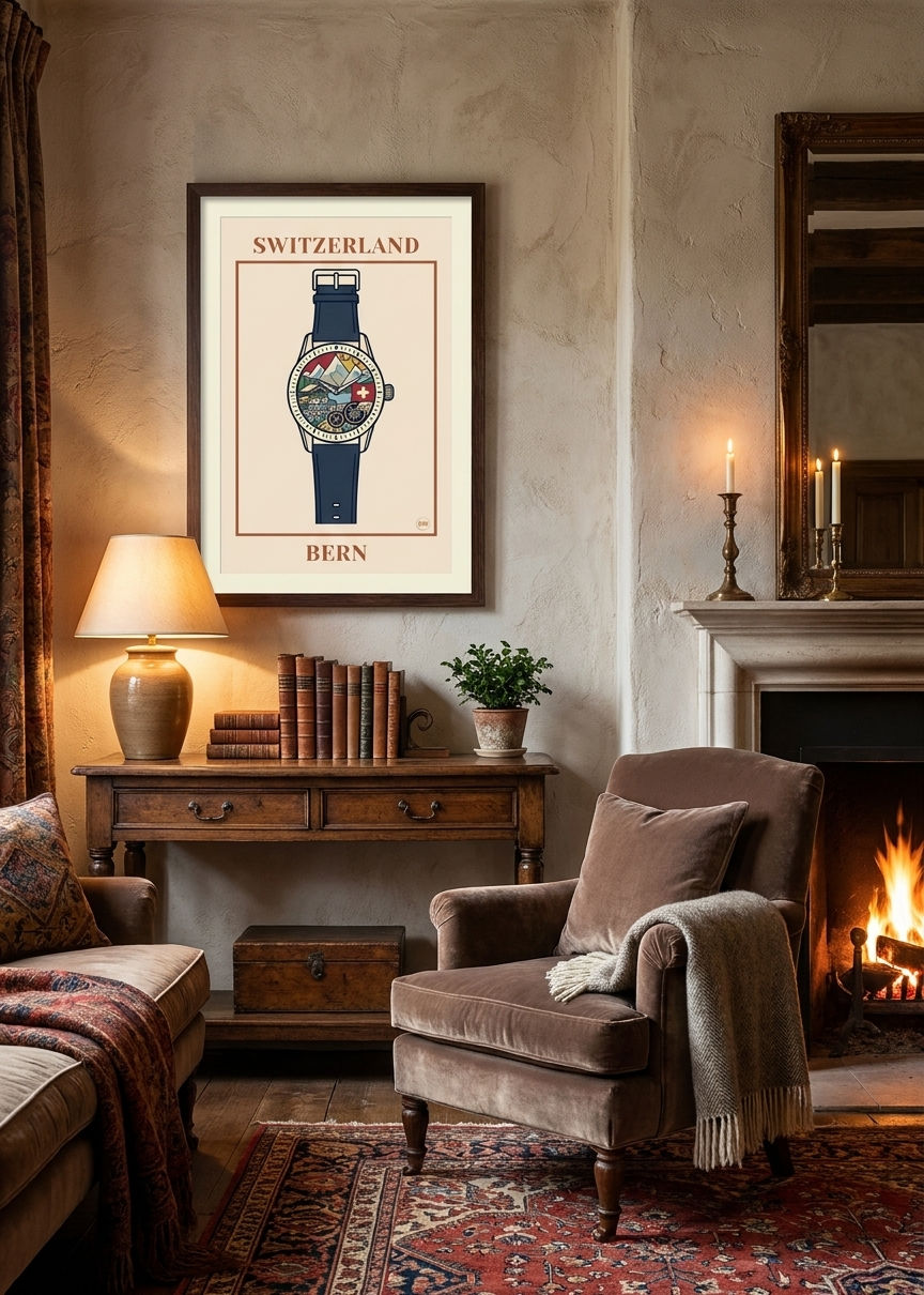 Miniature : Affiche SWITZERLAND présentée dans un salon chaleureux et raffiné