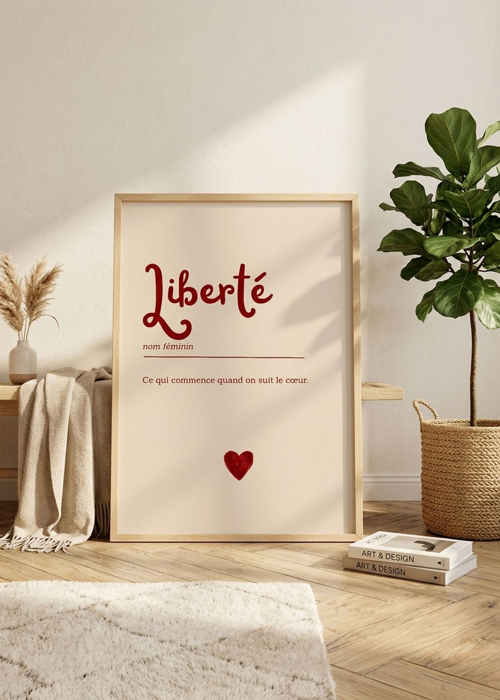 Affiche minimaliste “Liberté” avec cœur peint à la main dans intérieur chaleureux