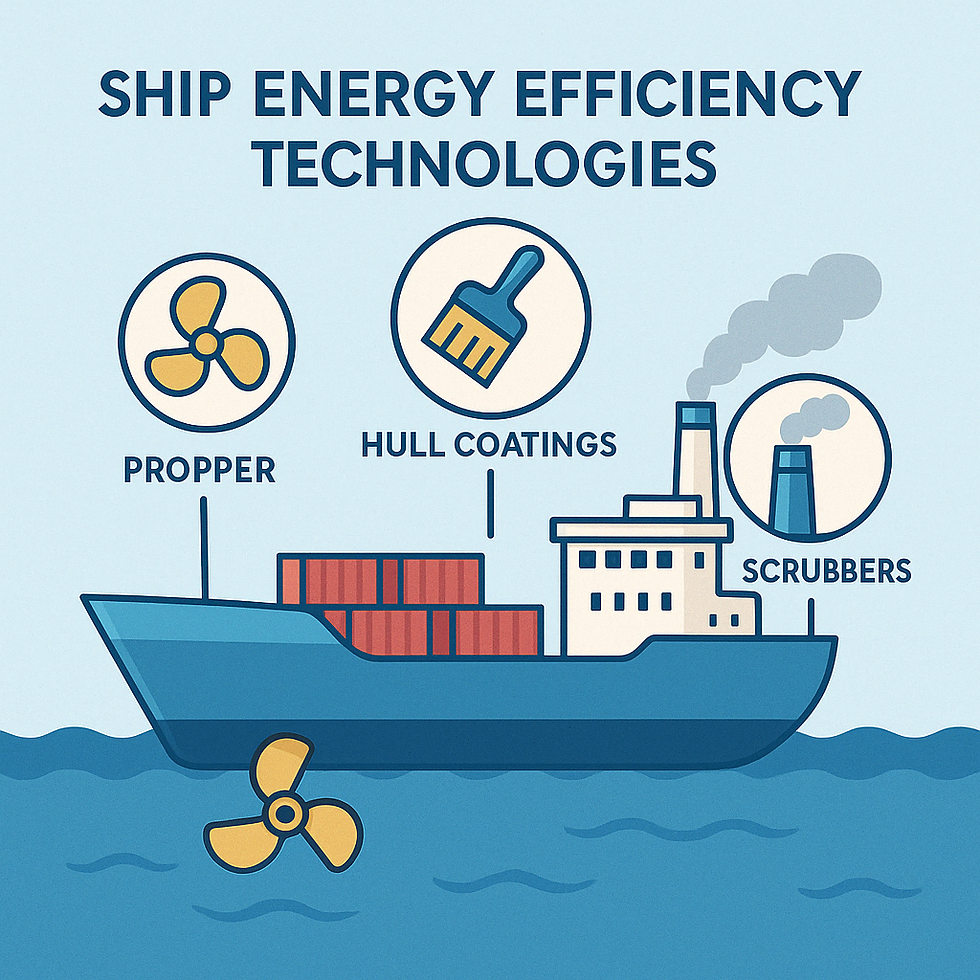 Illustration of a cargo ship with ship energy efficiency technologies like propeller, hull coatings, and scrubbers, highlighting eco-friendly innovations.