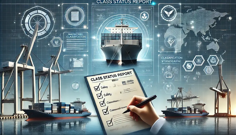 Illustration of a Class Status Report in maritime shipping, featuring a cargo ship inspection, checklist completion, and official documents, highlighting safety, compliance, and operational readiness for global trade.