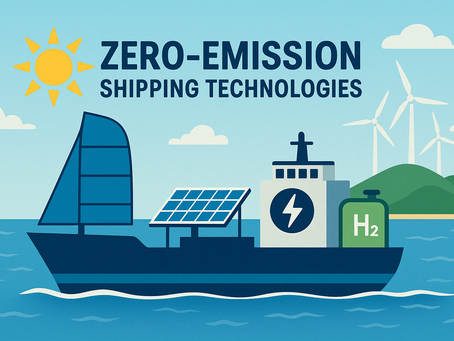Illustration of a zero-emission ship powered by wind, solar, and hydrogen technologies, symbolizing sustainable maritime innovation.