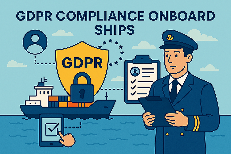 Illustration of a ship officer, cargo vessel, and GDPR shield symbolizing GDPR compliance onboard ships and crew data protection at sea.